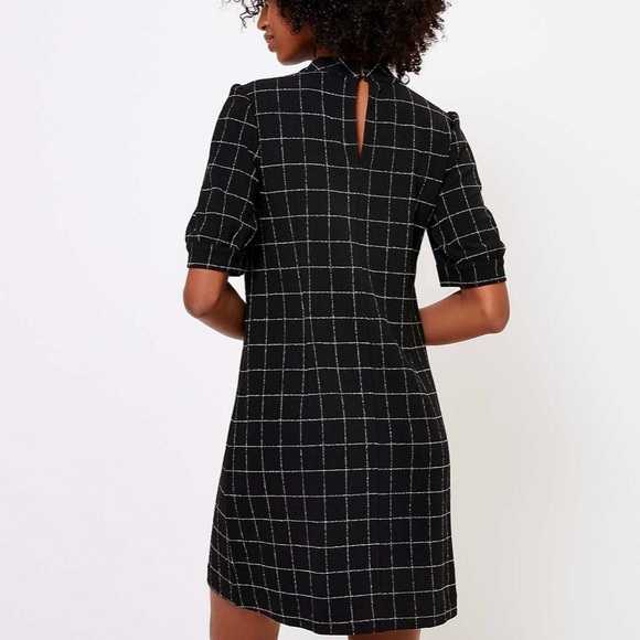 Loft Windowpane Puff Sleeve Shift Dress Small Black & White Mini mock-collar - Picture 2 of 6